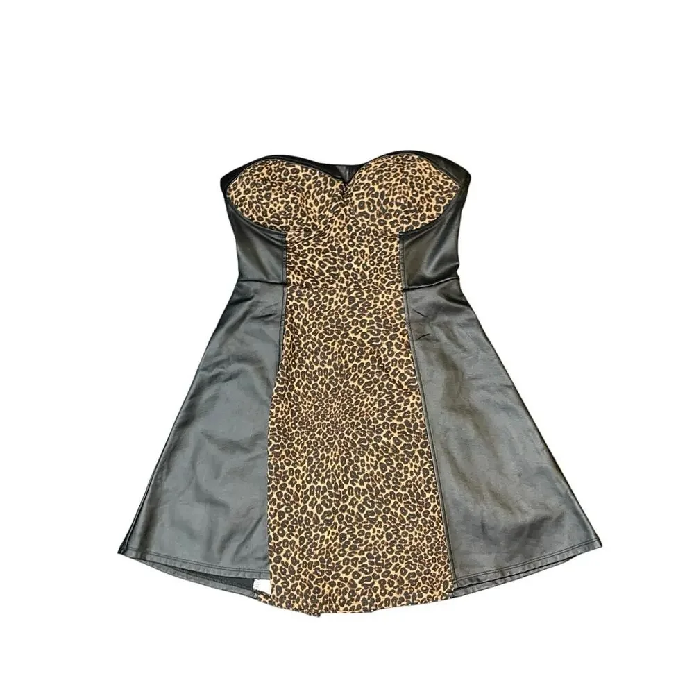 Material Girl Leopard Print and leather strapless dress Size M NWT Y2K Punk - Picture 1 of 4